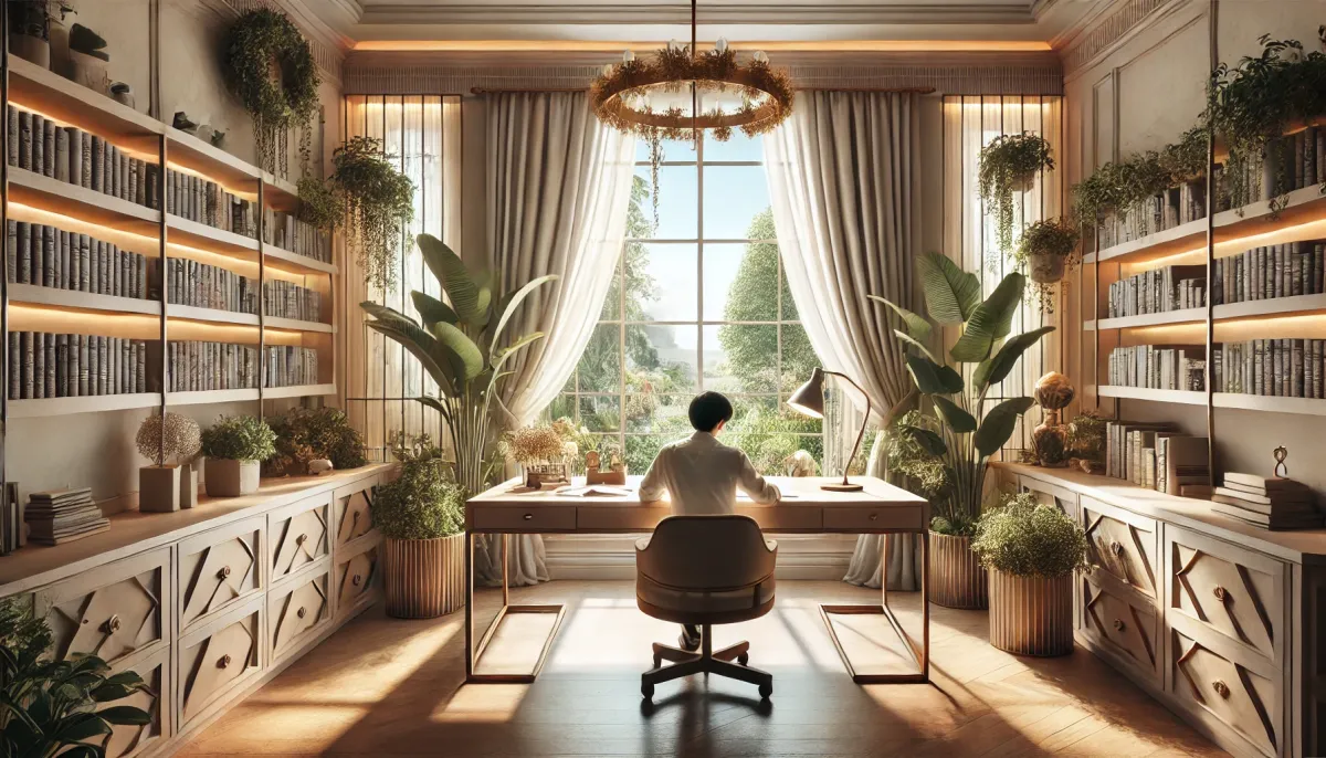 A stylized illustration of a study room, with a desk placed in the center of the room. The room should be well-lit and have a large window overlooking a beautiful view. The desk should be surrounded by plants and other decorations. There should be a person sitting at the desk, looking focused and inspired. The overall image should be serene and inviting, conveying the idea of a productive and inspiring study space. Dimensions of 1792×1024 pixels.